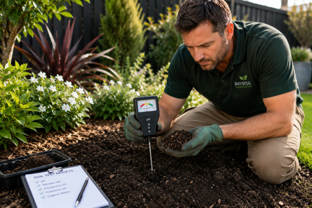 Professional Garden Soil Assessment in Melbourne Professional checking nutrient-deficient garden soil during garden maintenance in Melbourne