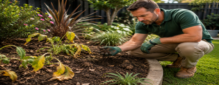 Gardener inspecting unhealthy garden soil with struggling plants in a Melbourne garden