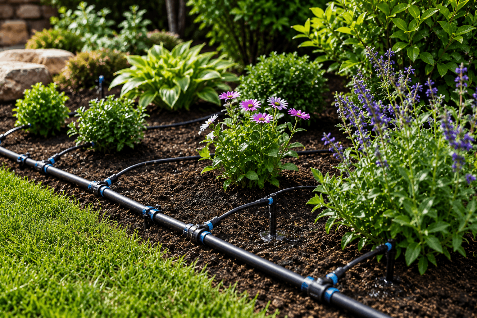 Drip Irrigation Retrofit Drip irrigation system installed in established garden beds for targeted